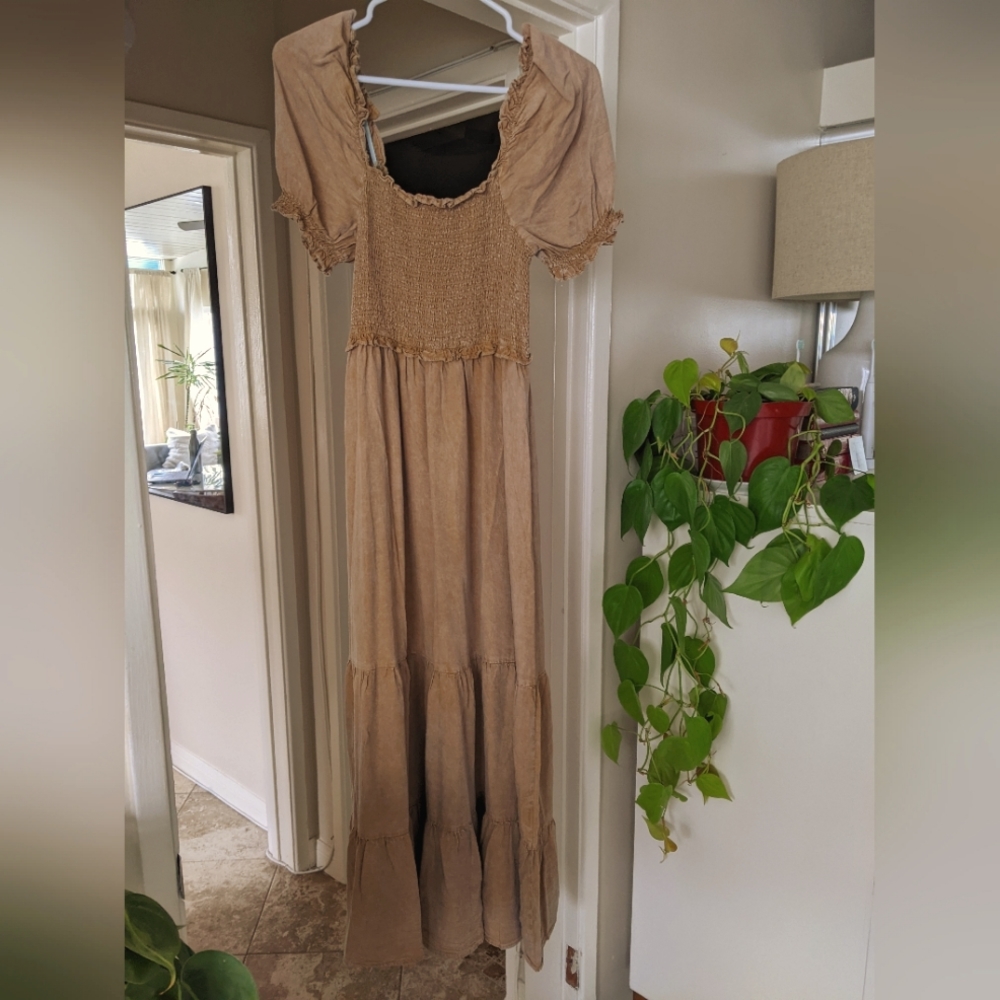 Tan Smocked Dress with Puffy Sleeves